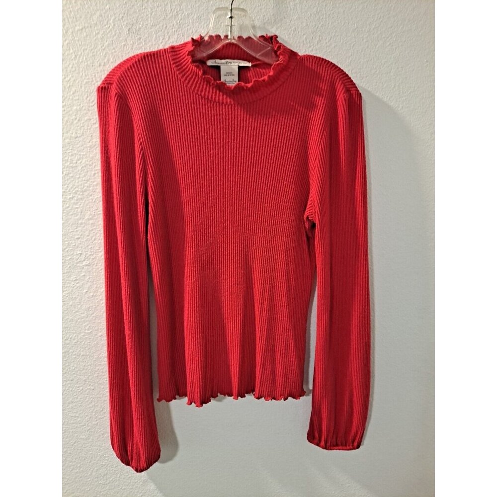 American Rag Women's Red Ribbed Mock Neck Long Sleeve Top/Blouse, Size Large